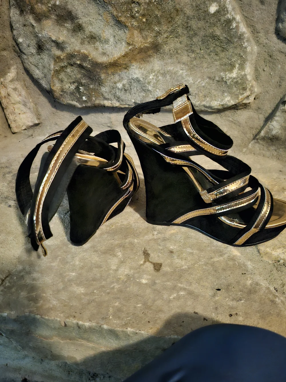 Black Wedge Sandals with Gold Straps - Women's Fashion Wedges